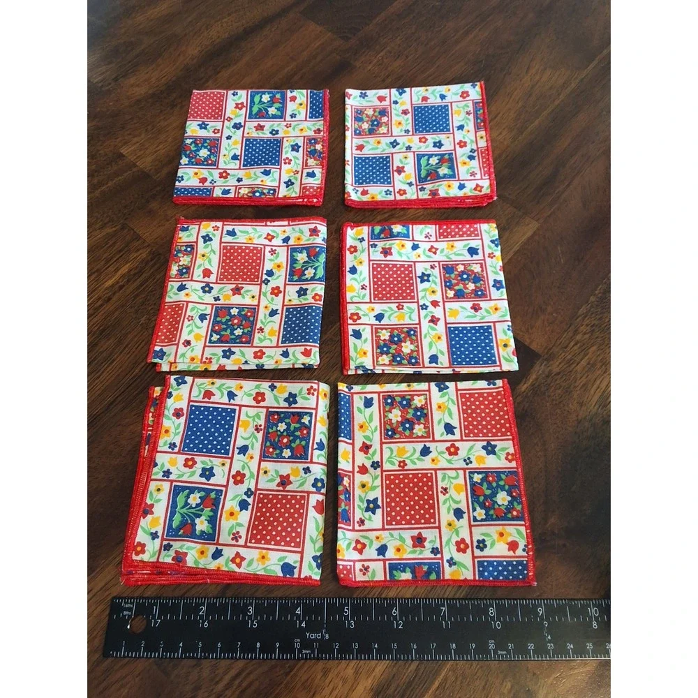 Vintage Quilted Coaster Rugs and Napkin Red Blue Floral Polka Dot Patchwork GVC